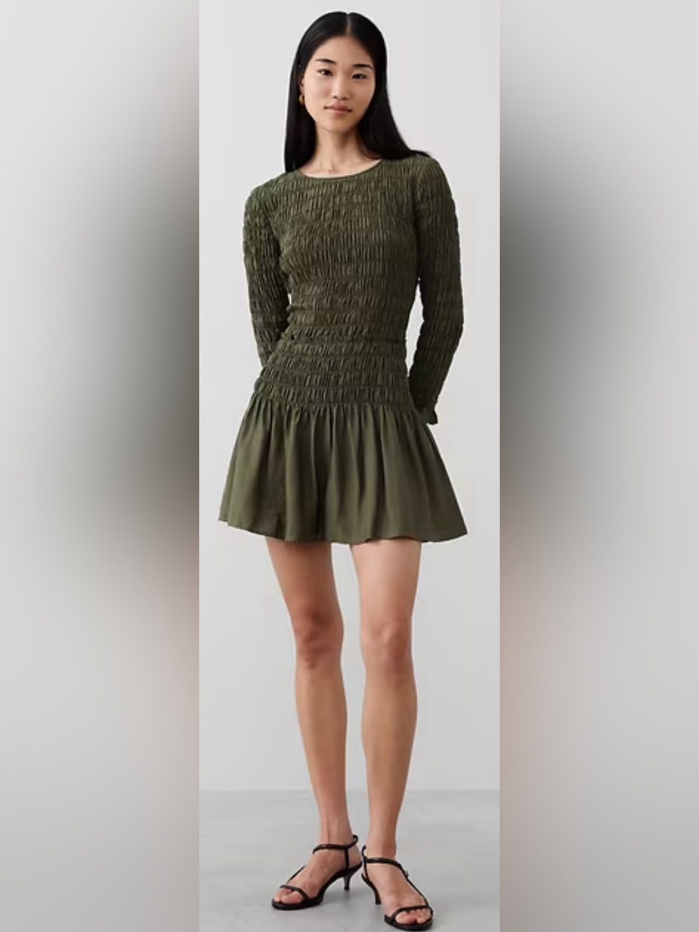 Banana Republic Olive Mini Smocked Long-Sleeve Dress